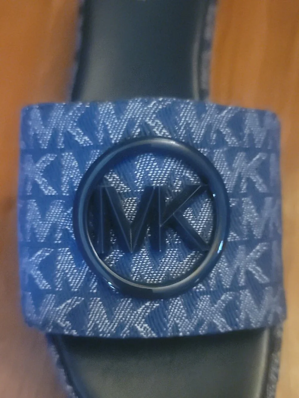 Michael Kors Denim Jacquard Sadler Wedge MK Logo Slide Sandals